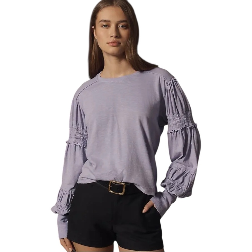 Pilcro Crewneck Ruched Smocked Puff Sleeve Top Women's‎ XL Lilac Cotton